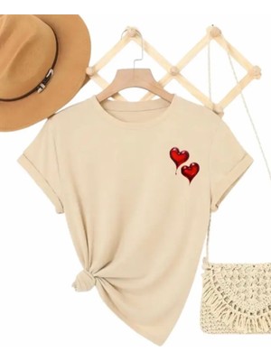 Nıgrum Pardus Büyük Beden Özel Seri Çift Kırmızı Kalp Baskılı %100 Pamuk Kadın Battal T-Shirt