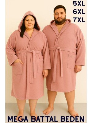 MODELHOME Pembe Renkli Mega Battal Beden Unisex %100 Pamuklu Kapüşanlu Lüks Bornoz (5xl-6xl-7xl Beden)