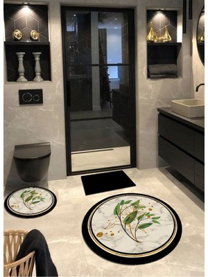 PremiumPort Parlak Simli Yapraklar 3'lü Yuvarlak Banyo Halısı Seti