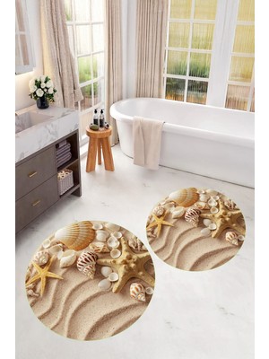 PremiumPort Dijital Baskılı 3D Kaymaz Taban Yıkanabilir Yuvarlak Banyo Paspası 2'li Set