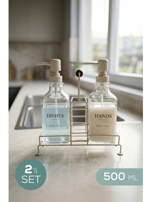 Özgürce Çiftli Standlı Cam Sabunluk Seti 500 Ml, Mutfak ve Banyo Için Şık Dekorasyon