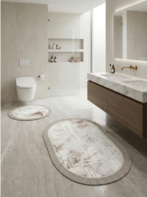 PremiumPort Şık Oval ve Yuvarlak Banyo Paspası Seti, Jüt Kenar, Kaymaz Taban