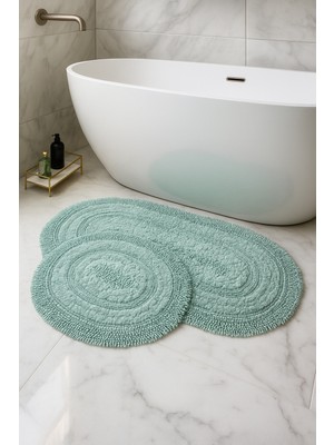PremiumPort Oval Mint Banyo Paspası Seti, 2'li, %100 Pamuk, Konfor ve Şıklık