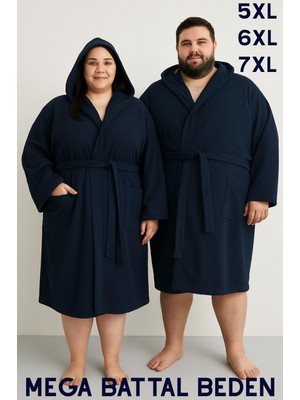 MODELHOME Lacivert Renkli Mega Battal Beden Unisex %100 Pamuklu Kapüşanlu Lüks Bornoz (5xl-6xl-7xl Beden)