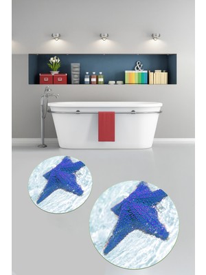 PremiumPort Yıkanabilir 3D Baskılı Kaymaz Yuvarlak Banyo Paspası Çift Seti