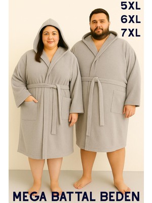 MODELHOME Gri Renkli Mega Battal Beden Unisex %100 Pamuklu Kapüşanlu Lüks Bornoz (5xl-6xl-7xl Beden)