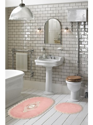 PremiumPort Yumuşak Dantelli 2'li Klozet Takımı ve Banyo Paspas Seti, Pudra Renk
