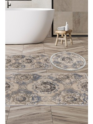 PremiumPort Kaymaz Taban 3'lü Banyo Paspas Takımı, Modern Yuvarlak Trend Tasarım