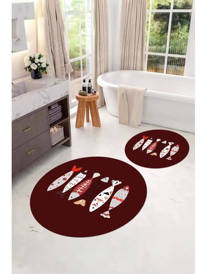 PremiumPort Renkli Balık Desenli Yuvarlak Yıkanabilir Banyo Paspası Klozet Takımı
