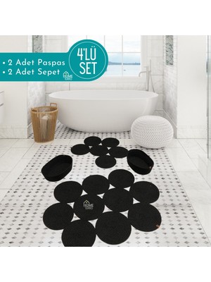 PremiumPort 4'lü Jüt ve Hasır Banyo Paspas Takımı ve Sepet Seti