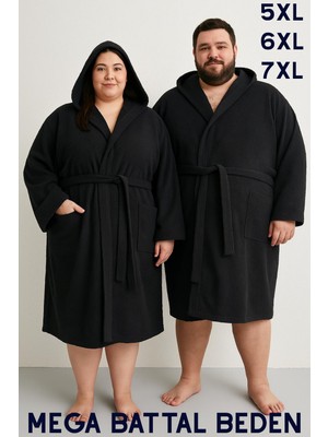 MODELHOME Siyah Renkli Mega Battal Beden Unisex %100 Pamuklu Kapüşanlu Lüks Bornoz (5xl-6xl-7xl Beden)