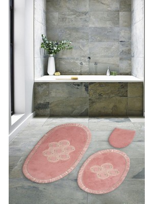 PremiumPort Welsoft Dantelli 3'lü Klozet Takımı ve Banyo Paspas Seti Sammi Pudra