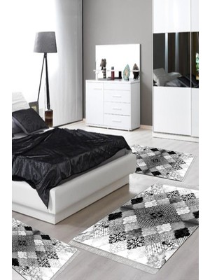 PremiumPort Yıkanabilir Kaymaz Tabanlı 3'lü Yatak Odası Takımı Gri MU120 Patchwork