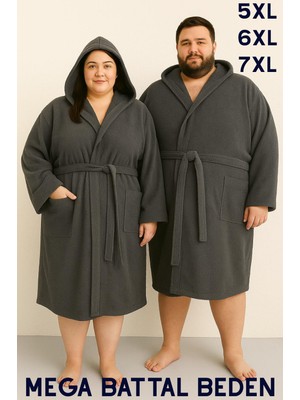 MODELHOME Antrasit Renkli Mega Battal Beden Unisex %100 Pamuklu Kapüşanlu Lüks Bornoz (5xl-6xl-7xl Beden)