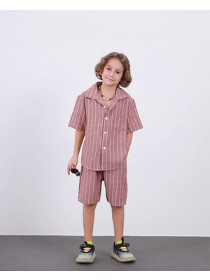 Arya Nisa Kids Erkek Çocuk Keten Çizgili Şort Gömlek Takım