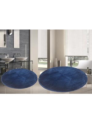 PremiumPort Yumuşak ve Kaymaz 2'li Yuvarlak Post Peluş Banyo Paspası Takımı Mavi