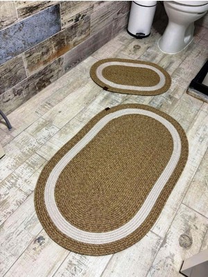 PremiumPort Yumuşak Jüt Hasır Banyo Paspas Takımı, Iki Parça Bej ve Beyaz Renk