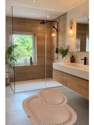 PremiumPort Su Emici Hasır Jüt Banyo Paspas Takımı, Oval Kaymaz Taban, Dekoratif