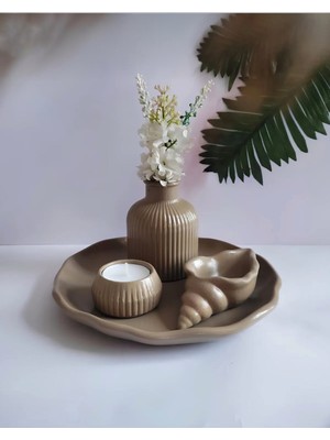 Özgürce El Yapımı Dekoratif Obje Seti: Pampas, Deniz Kabuğu, Bulut Tabak, Mumluk