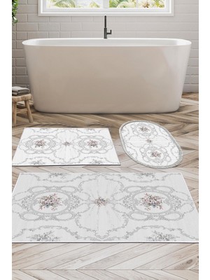 PremiumPort Dijital 3'lü Banyo Paspas Takımı, Kaymaz Taban, Modern Oval Anabelle Gri