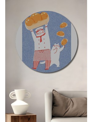 Özgürce Şef ve Kedi Temalı Dekoratif Ahşap Yuvarlak Çerçeve Tablo