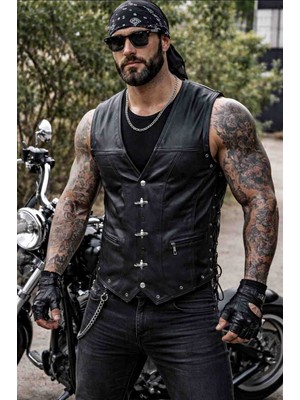 ArdaStilDeri Hakiki Deri Motorcu Chopper Deri Yelek
