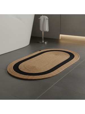 PremiumPort Doğal Hasır Şeritli Jüt Paspas 60X100 Cm, Banyo ve Balkon Için Yıkanabilir