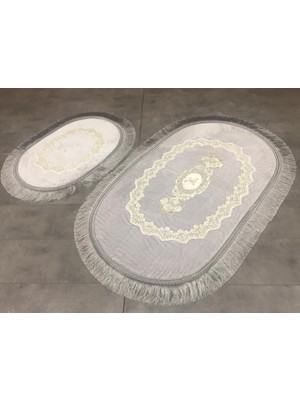 PremiumPort Şık Oval Gri Dantelli ve Saçaklı Banyo Paspası Çiftli Set