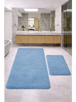 PremiumPort Yumuşak Mavi Büyük Boy Kaymaz Ikili Modern Banyo Paspas Takımı