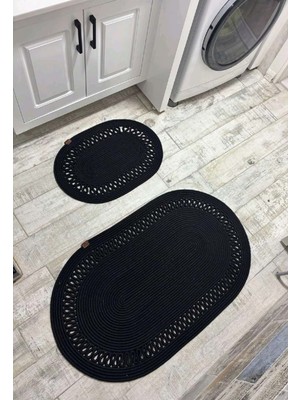 PremiumPort Şık Siyah Jüt Hasır Banyo Paspas Takımı, 2'li Set