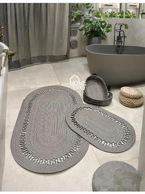 Jüt Banyo Paspas Takımı ve Sepet - Kaymaz Taban, Süper Emici, Makinede Yıkanabilir, Doğal Hasır Görünümlü Dekoratif Banyo Paspası (50X80 cm & 40X60 cm Paspas, 30X20X10 cm Sepet) (Gri)