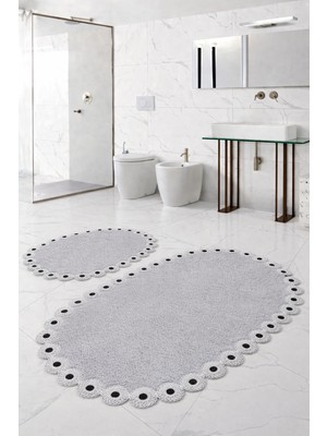 PremiumPort Oval Beyaz Dantelli Çeyizlik Banyo Paspası 2'li Seti, Kaymaz Tabanlı, Klozet Takımı