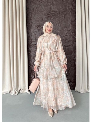 Esra Butik Minimal Desenli Şifon Tesettür Elbise – Astarlı Rahat Kesim Uzun Elbise