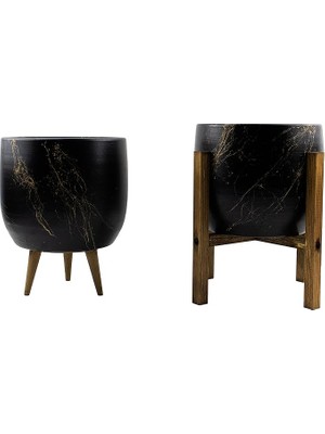 Tasarımı Ev Dekorasyon Aksesuar Siyah Üzeri Gold Mermer Efektli Toprak Saksı Saksılık Salon Çiçeklik Ikili Set 3 Ayaklı- 4 Ayaklı- 19 cm