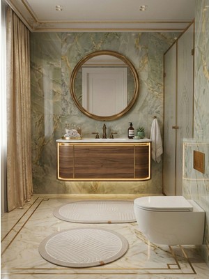 PremiumPort Şık ve Kaymaz Banyo Paspası Seti, Jüt Kenar Detaylı, Oval ve Yuvarlak 100X60-60X60