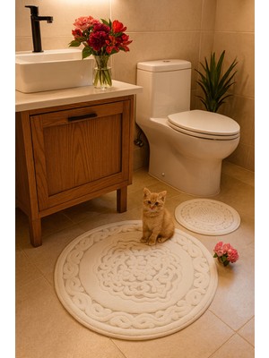 PremiumPort Şık Yuvarlak Banyo Seti 2'li, 120X120 ve 60X60, Beyaz Renk