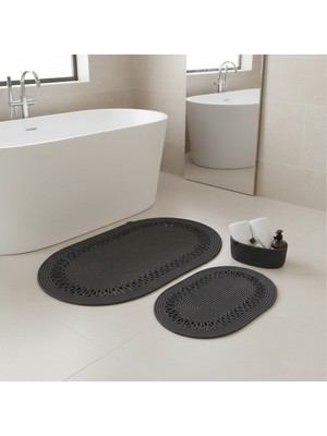 PremiumPort 4 Parça Jüt Banyo Seti, Yıkanabilir Paspas ve Oval Sepetler
