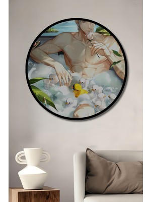 Özgürce Anime Temalı Çiçek Tutan Adam Duvar Tablosu, Ahşap Yuvarlak Dekorasyon