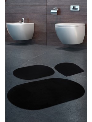 PremiumPort Siyah 3'lü Banyo Halısı Seti, Kaymaz Deri Tabanlı, Makinede Yıkanabilir