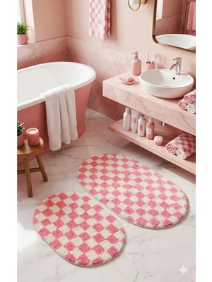 PremiumPort Dama Desenli Oval Bohem Banyo Paspası, Kaymaz, Makinede Yıkanabilir