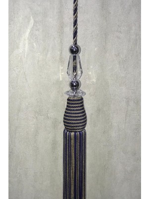 Özgürce Lacivert ve Gold Detaylı Kristalli Dekoratif Fon Perde Püskülü