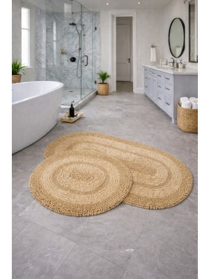 PremiumPort Oval Vizon Macoroni Banyo Paspası Seti, 2'li, Doğal Pamuklu, Konforlu Kullanım