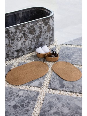 PremiumPort Doğal Hasır 4 Parça Banyo Paspas Takımı Oval Sepet ve Dekor Seti