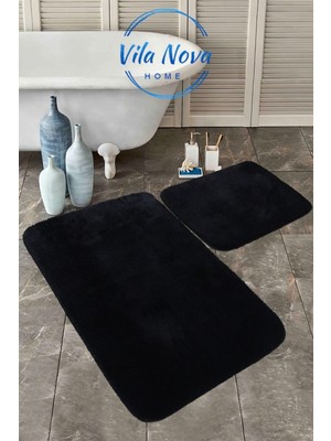 PremiumPort Yumuşak Siyah Peluş Post Banyo Halısı Klozet Takımı 2'li Set