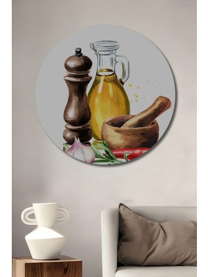 Özgürce Renkli Baharat Temalı Ahşap Yuvarlak Duvar Tablosu, Mutfak Dekoru