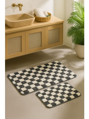 PremiumPort Yıkanabilir Dama Desenli Kaymaz Banyo Paspası Seti 60X100 ve 60X50