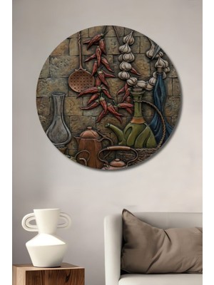 Özgürce Yuvarlak Baharat Tenceresi ve Kurutulmuş Biber Baskılı Ahşap Tablo