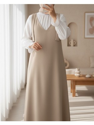 Moda Morfo Omuzları Bağlamalı Uzun Jile  -Bej