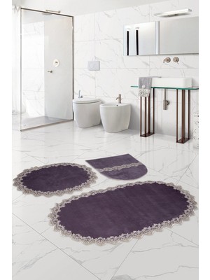 PremiumPort Venüs Gri 3'lü Dantelli Banyo Paspası Seti Çeyizlik Klozet Takımı