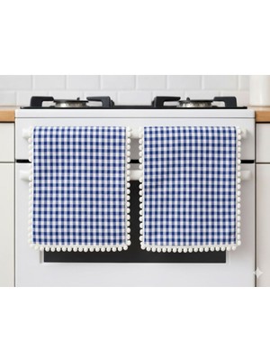 Özgürce Beyaz Ponpon Kenarlı Dekoratif Fırın Örtüsü Çiftli Set 30X50 cm
